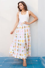 Billy Maxi Skirt - Tiered Crochet Insert Skirt in Ebbe Print Green