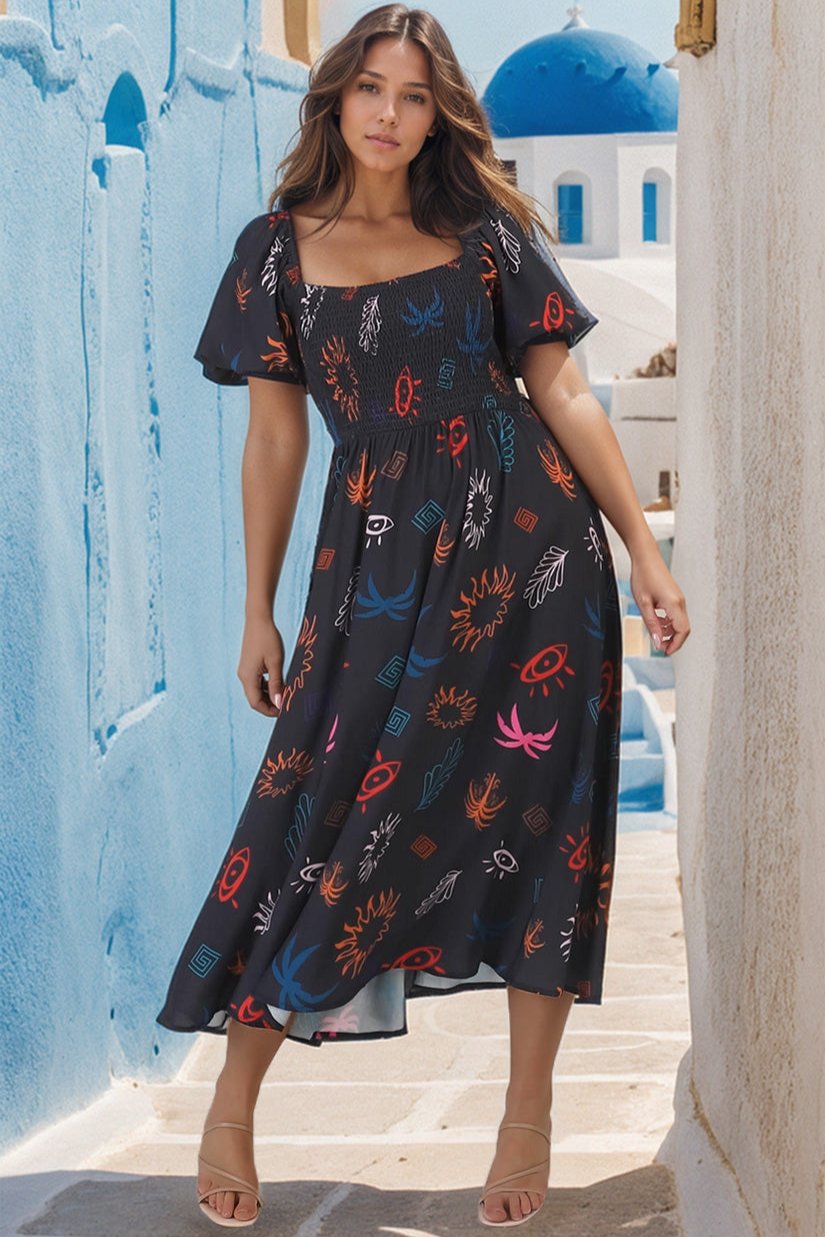 Shira Midi Dress - On Or Off Shoulder Elasticated Bodice Dress With Short Balloon Sleeves In Kalista Print Navy