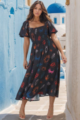 Shira Midi Dress - On Or Off Shoulder Elasticated Bodice Dress With Short Balloon Sleeves In Kalista Print Navy