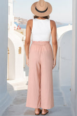 Levelle Pants - Linen Blend Paper Bag Waist with Drawstring Wide Leg Pants with Pockets in Blush