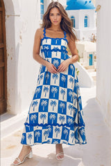 Bailie Maxi Dress - Rick Rack Detailed Sun Dress with Pockets Nohea Print in Blue