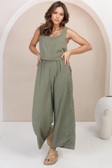 Bailie Linen Set - Boxy Top and Pant Set with Rick Rack Detailing in Khaki