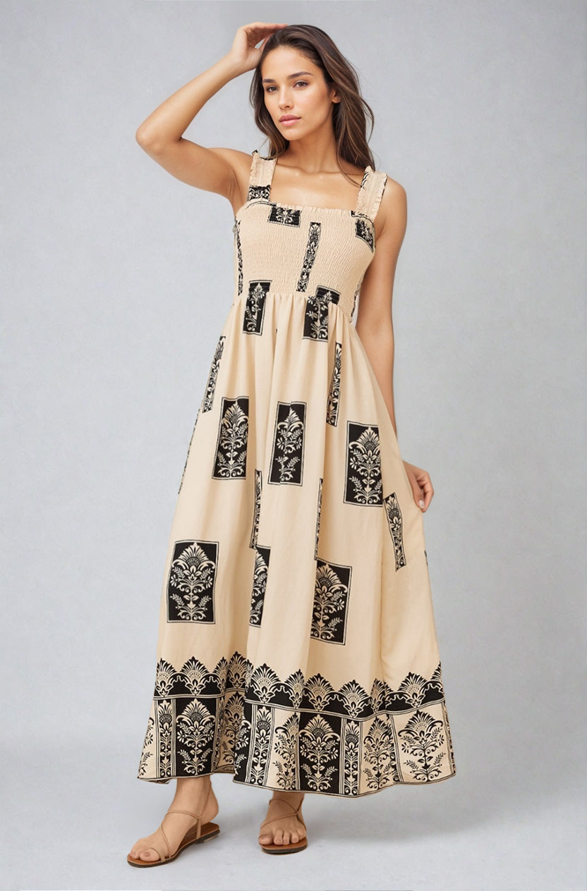 Carmelle Maxi Dress - Thick Strap Elasticated Bodice Sun Dress in Cannes Print