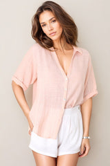 Shelly Shirt - Linen Collared Button Down Shirt in Pink