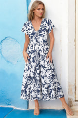 Tea Midi Dress - Pull In V Neckline Dress with Cap Sleeves in Charis Print Blue