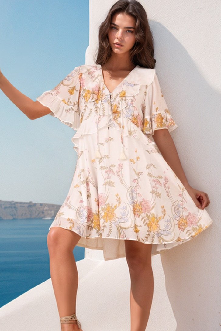 Bessie Mini Dress - V Neck Frill Detailed Babydoll Dress in Sheree Print