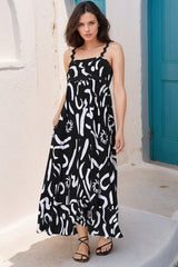 Bailie Maxi Dress - Rick Rack Detailed Sun Dress with Pockets Daley Print in Black