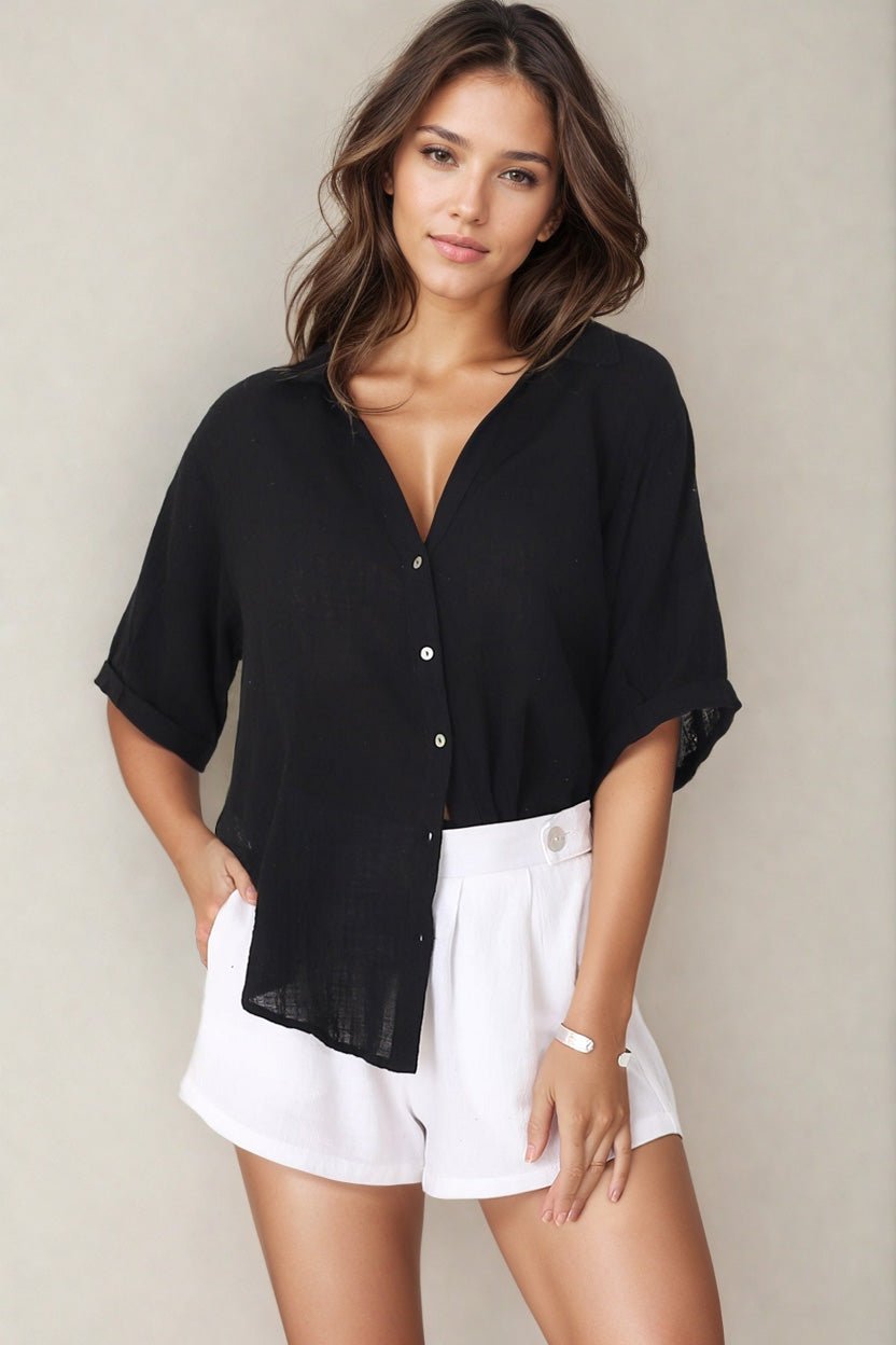 Shelly Shirt - Linen Collared Button Down Shirt in Black