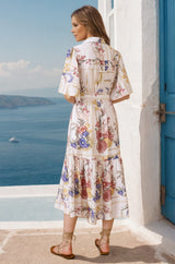 Wendie Midi Dress - Collared Button Down Dress with Bell Sleeves and Belt in Adelia Print