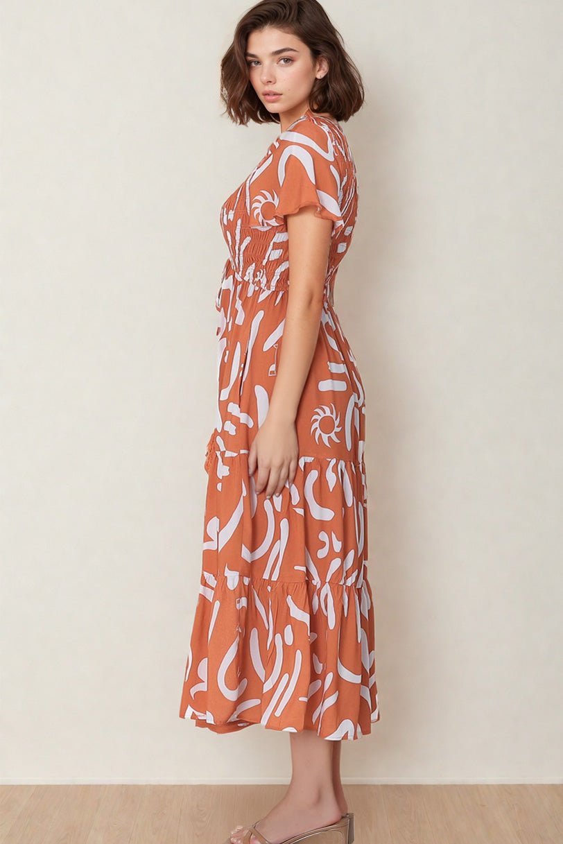 Amaya Midi Dress - Shirred Cap Sleeve A Line Dress in Daley Print Rust