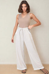 Bailie Linen Pants - Rick Rack Detailed Straight Leg Pants in Oat