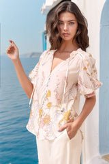 Acacia Blouse - Button Down Short Balloon Sleeve Blouse with Buttoned Cuffs in Sheree Print