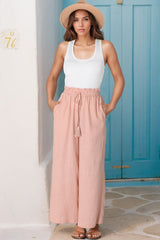 Levelle Pants - Linen Blend Paper Bag Waist with Drawstring Wide Leg Pants with Pockets in Blush