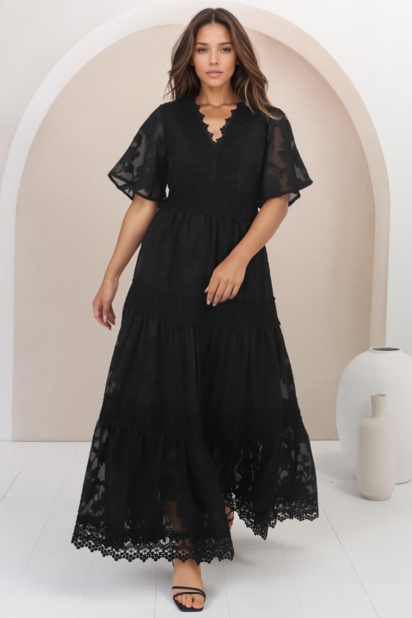 Madeline Maxi Dress - Lace Trim Embroidered A Line Dress in Black