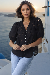 Clare Blouse - Hollow Out Embroidered Button Down Blouse in Black