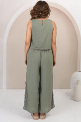 Bailie Linen Set - Boxy Top and Pant Set with Rick Rack Detailing in Khaki