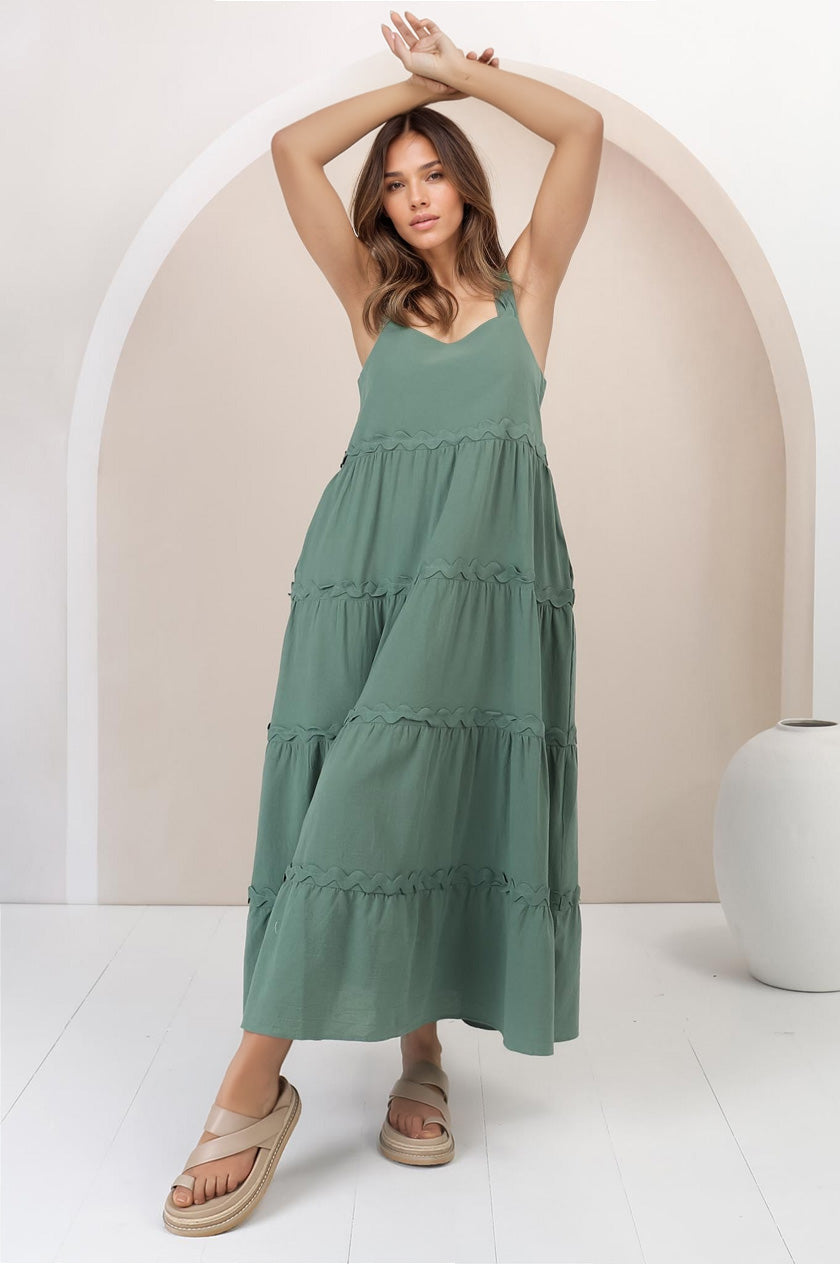 Bailie Maxi Dress - Rick Rack Detailed Sun Dress with Pockets in Green