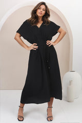 Ashanti Midi Dress - Pin Tuck V Neck Pull Over Dress with Waist Tie in Black