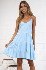 Kaisa Mini Dress - Tiered Sun Dress with Adjustable Straps in Blue