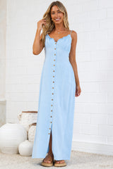 Violetta Maxi Dress - Ruffle Detailed Tie Shoulder Linen Blend Sun Dress in Light Blue