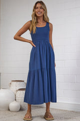 Ramsy Midi Dress - Linen Elasticated Bodice Tiered Sun Dress in Blue