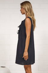 Della Mini Dress - Round Neck Tie Up Bodice Sleeveless Dress in Black