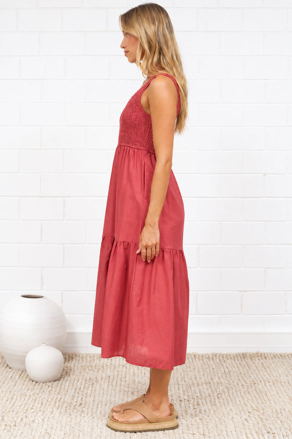 Sarlie Midi Dress - Shirred Bodice Cotton/Linen Blend Tiered Dress in Rust