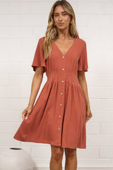 Karin Mini Dress - V Neck Flutter Sleeve Mini with Decorative Front Button Placket in Rust