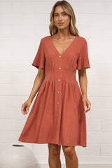 Karin Mini Dress - V Neck Flutter Sleeve Mini with Decorative Front Button Placket in Rust