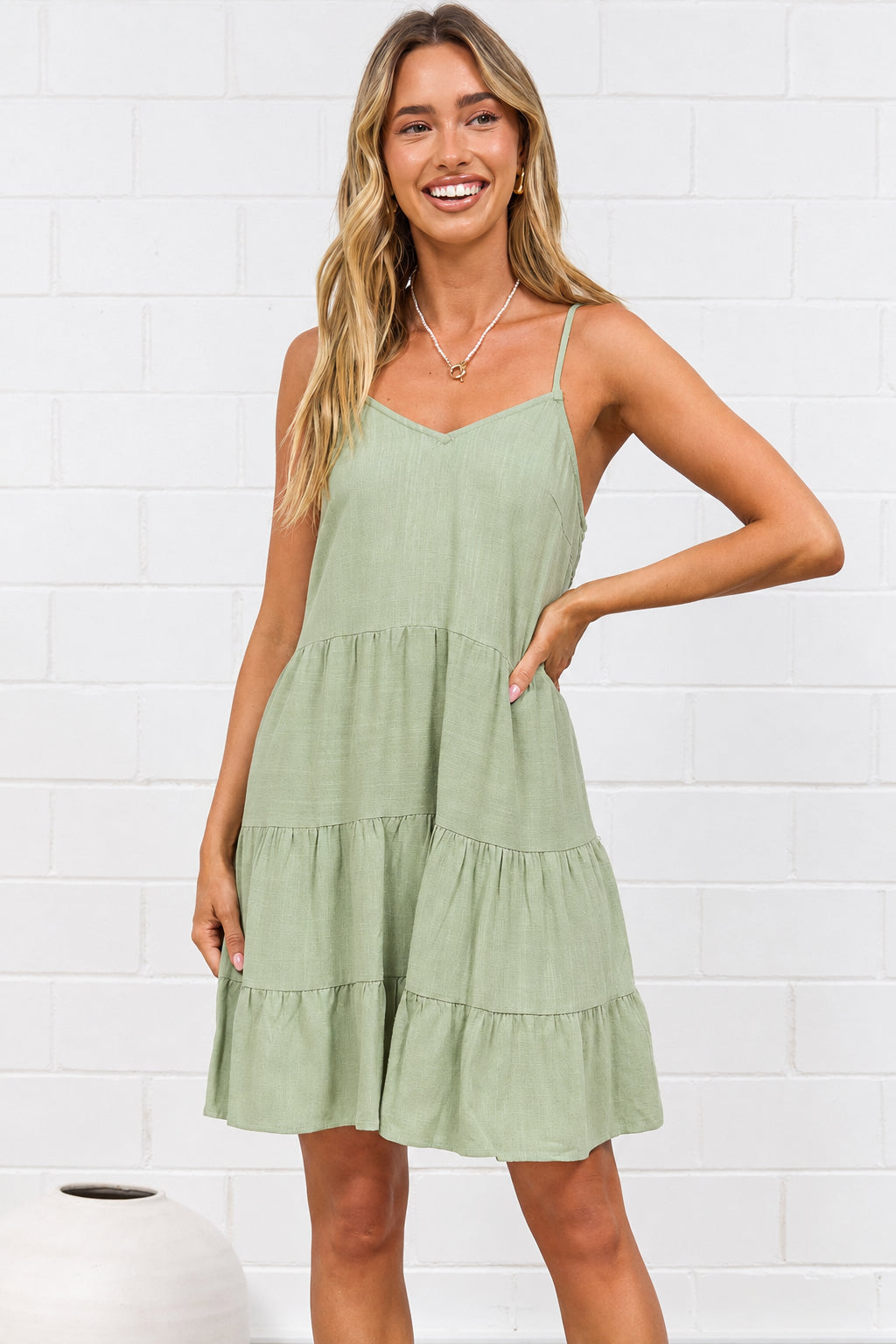Kaisa Mini Dress - Tiered Sun Dress with Adjustable Straps in Sage