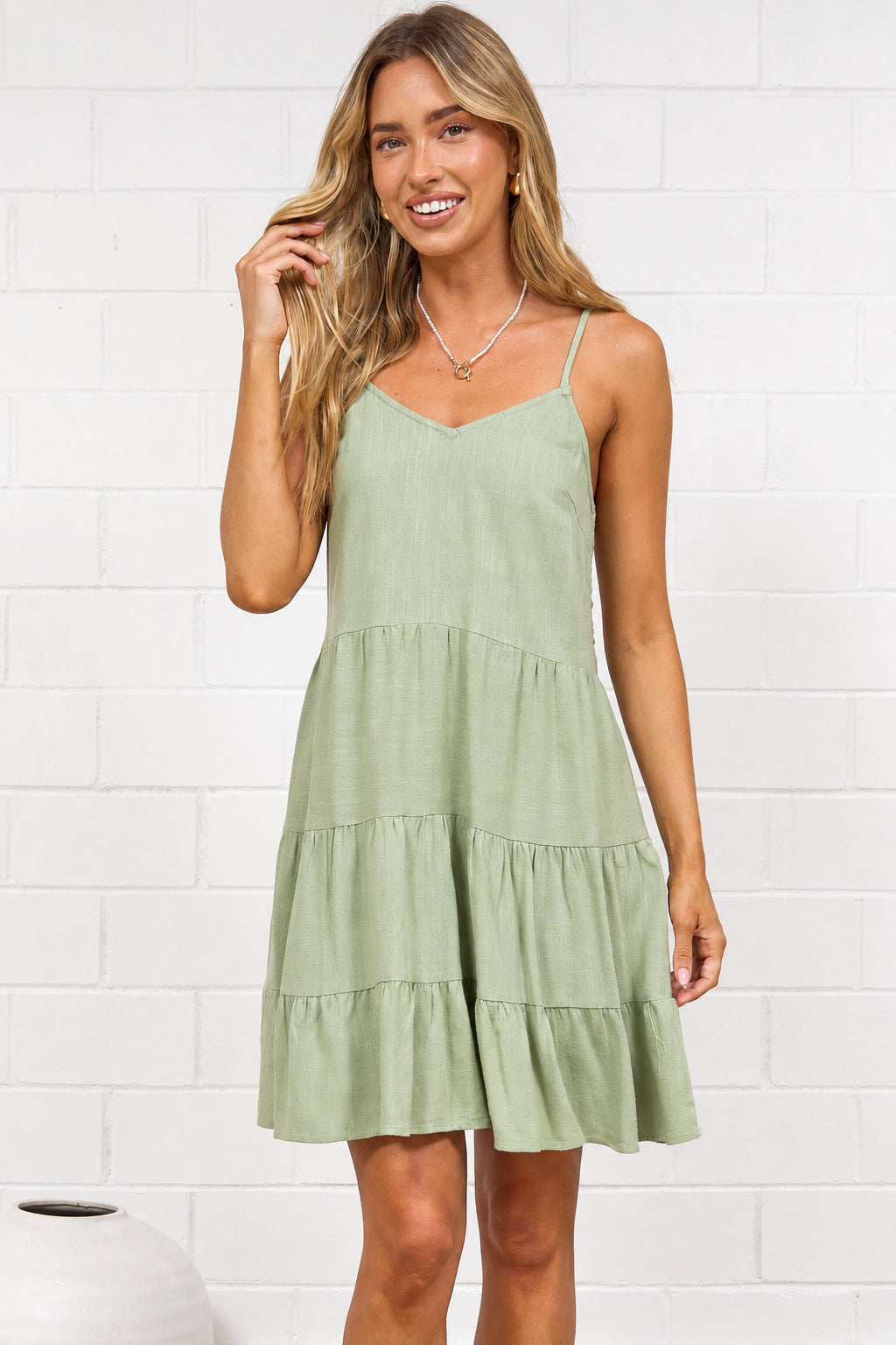 Kaisa Mini Dress - Tiered Sun Dress with Adjustable Straps in Sage