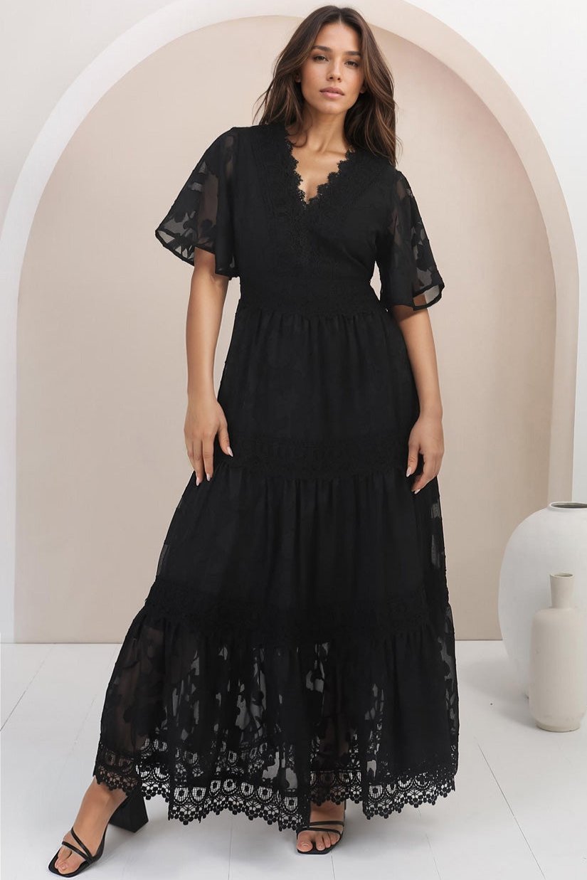 Madeline Maxi Dress - Lace Trim Embroidered A Line Dress in Black