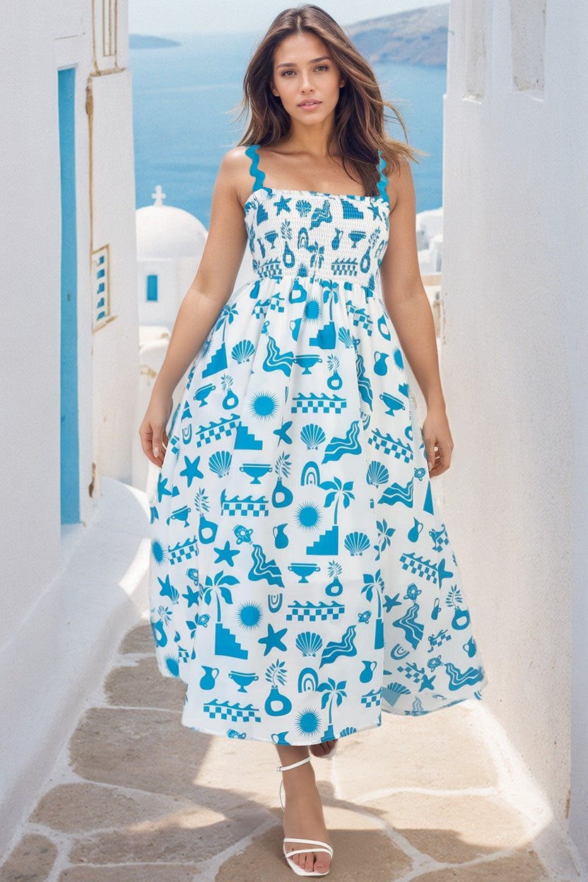 Valoria Midi Dress - Rick Rack Strap Elassicated Bodice Sun Dress in Bayu Print Blue