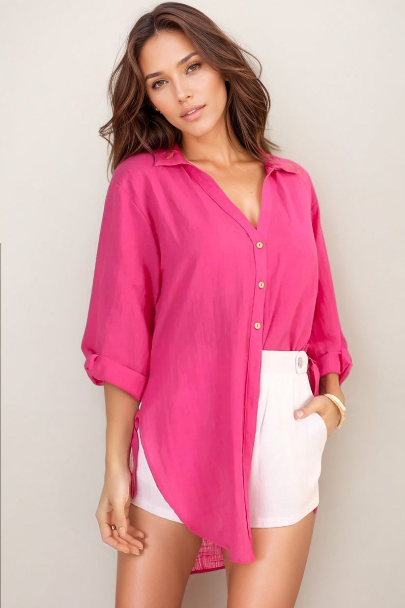 Beachly Shirt - Folded Collar Button Down Relaxed Shirt In Hot Pink