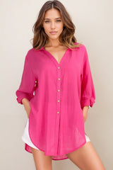 Beachly Shirt - Folded Collar Button Down Relaxed Shirt In Hot Pink