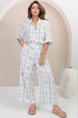 Rayane Collared Shirt and Pants Set - Astra Print in White