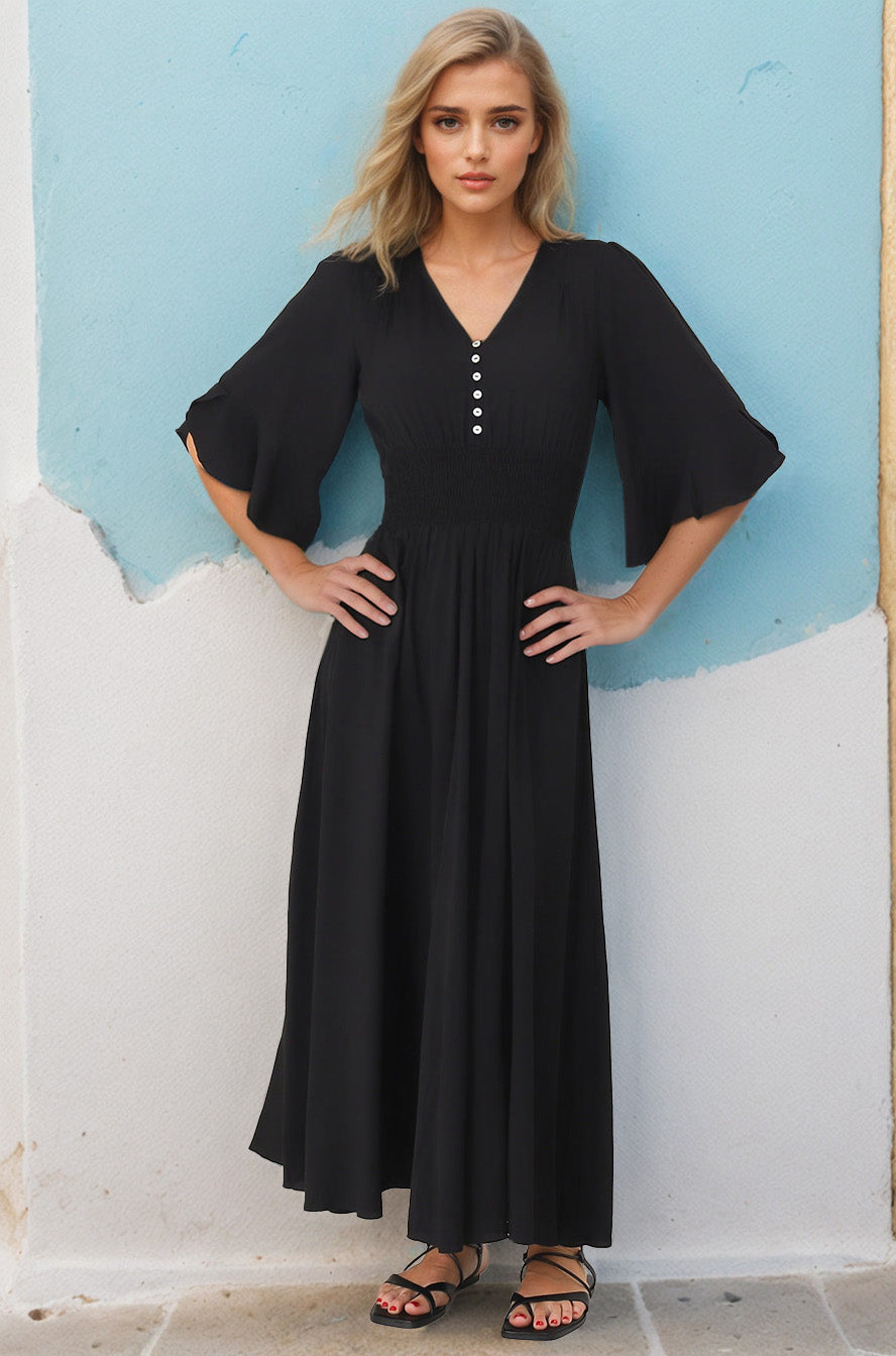 Alba Maxi Dress - Buttoned Bodice A Line Dress With Flute Sleeves In Black