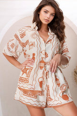 Mirian Button Up Shirt And Shorts Set - Piper Print in Tan