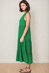 Fifi Linen Midi Dress - Mandarin Collar Sleeveless Button Down Dress in Green