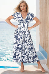 Tea Midi Dress - Pull In V Neckline Dress with Cap Sleeves in Charis Print Blue