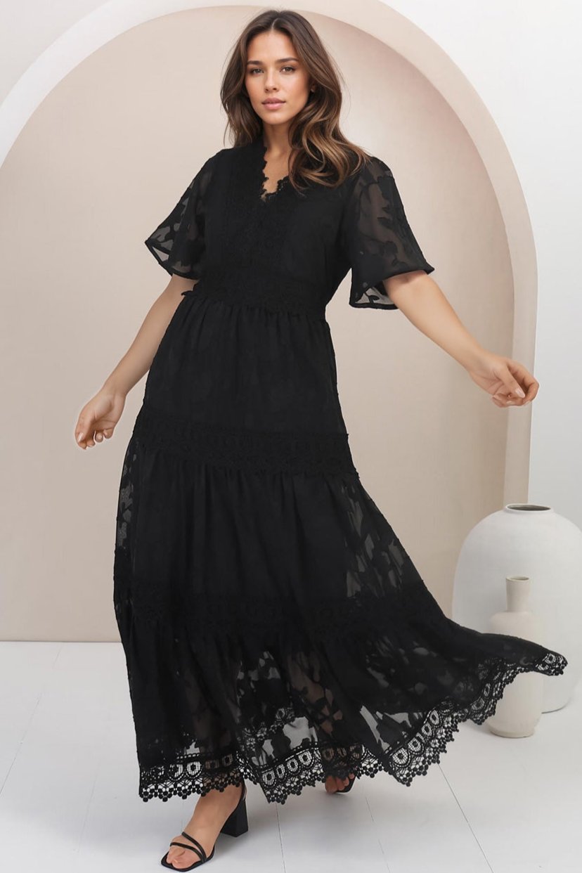 Madeline Maxi Dress - Lace Trim Embroidered A Line Dress in Black