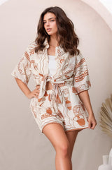 Mirian Button Up Shirt And Shorts Set - Piper Print in Tan