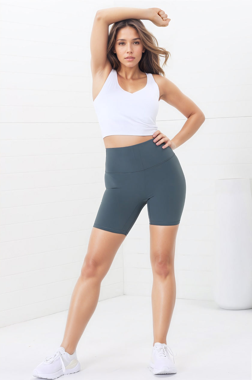 Axel Bike Shorts - Thick Highwaisted Band Bike Shorts in Grey Green