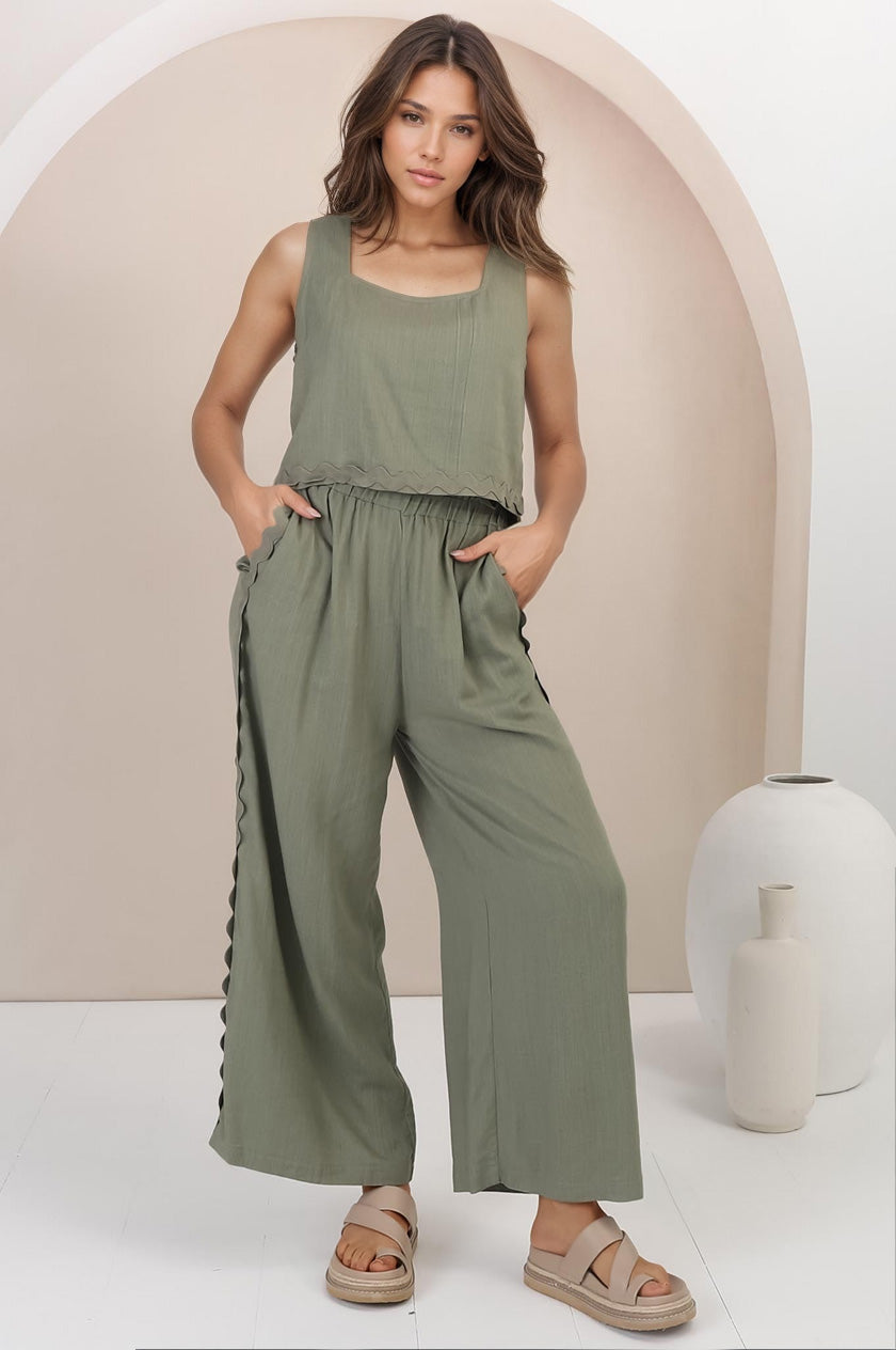 Bailie Linen Set - Boxy Top and Pant Set with Rick Rack Detailing in Khaki