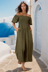 Elsa Jumpsuit- On or Off Shoulder Wide Leg Jumpsuit in Khaki