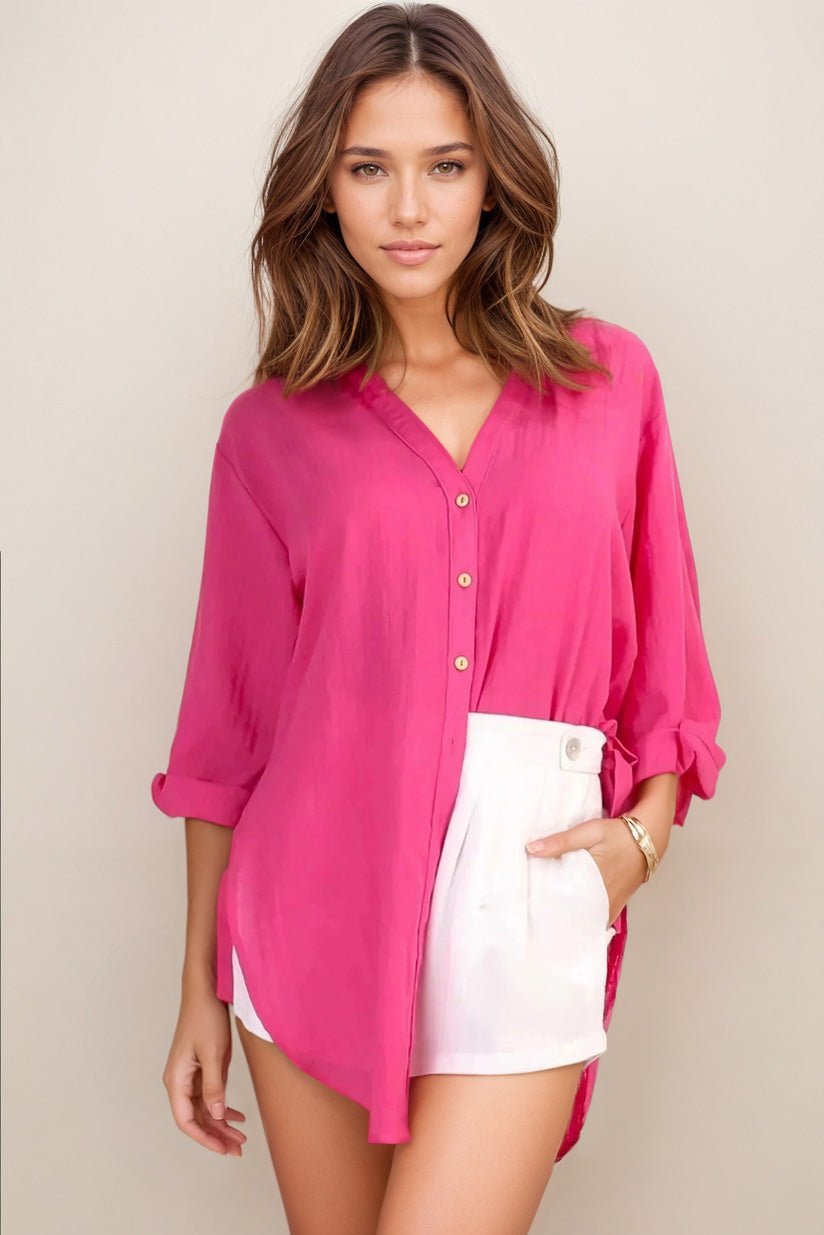 Beachly Shirt - Folded Collar Button Down Relaxed Shirt In Hot Pink