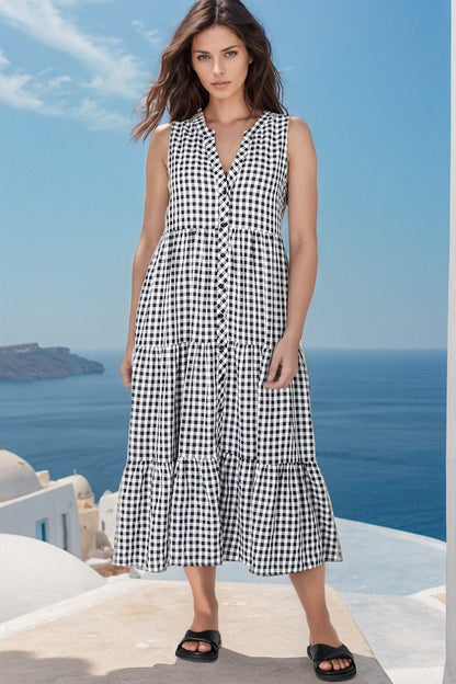 Acelle Midi Dress - Sleeveless Bermuda Collar Button Down Gingham Dress in Black