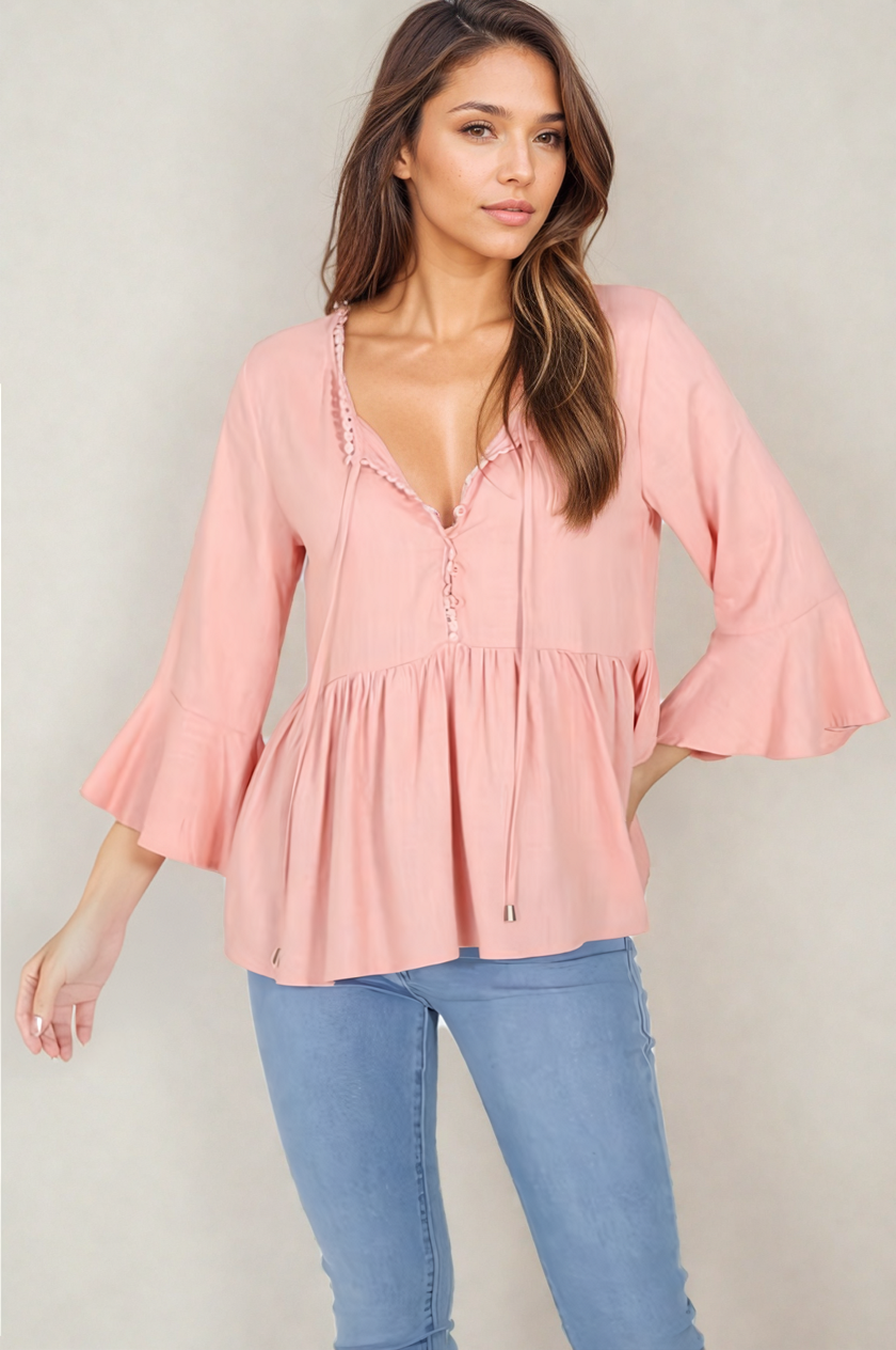 Sandy Top - Crochet Neckline Buttoned Bodice Flare Sleeve Smock Top in Pink