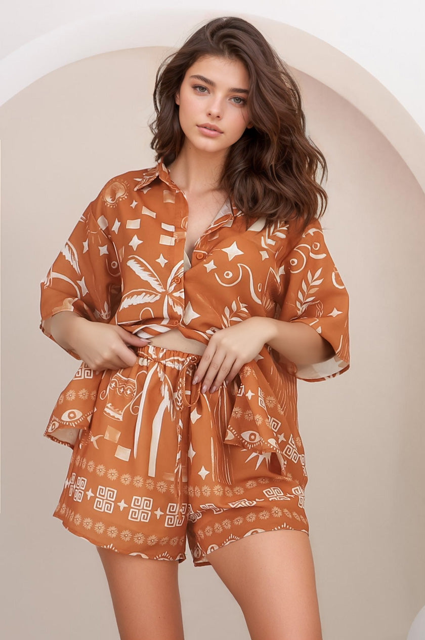 Talitha Button Up Shirt And Shorts Set - Embry Print in Orange