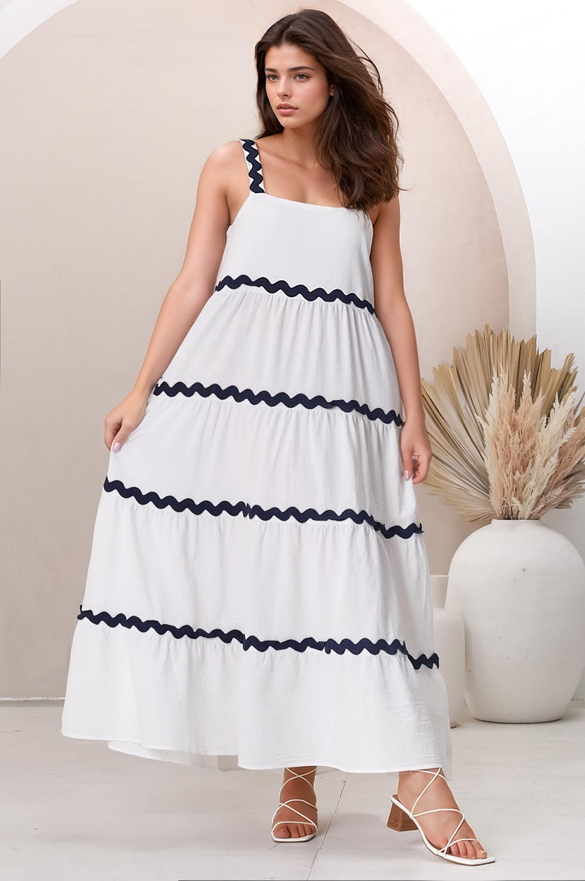 Bailie Maxi Dress - Rick Rack Detailed Sun Dress with Pockets in White